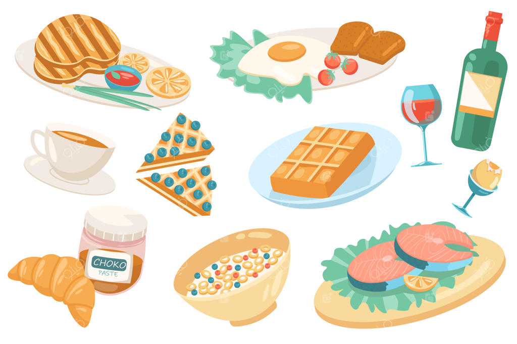 مجموعه‌ای از عناصر بامزه غذاهای اروپایی، جداگانه