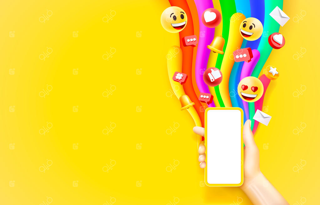 بنر هنری وکتور: موج رنگین‌کمان در آسمان با آیکون‌های اجتماعی و گوشی هوشمند