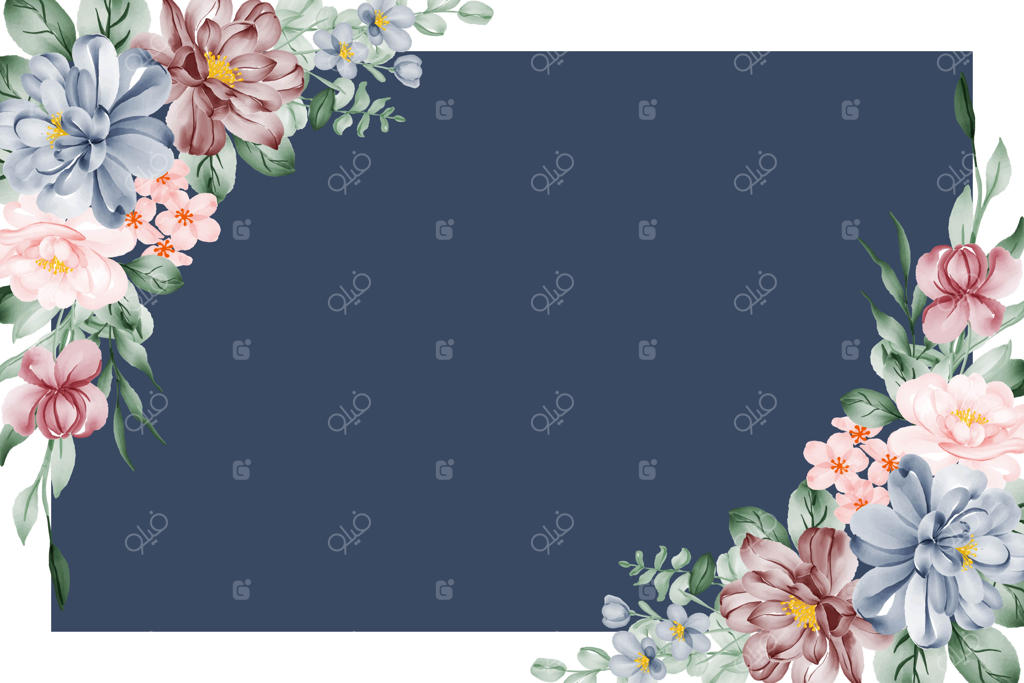 پس‌زمینه قاب آبرنگی با گل‌های صورتی، آبی و زرشکی