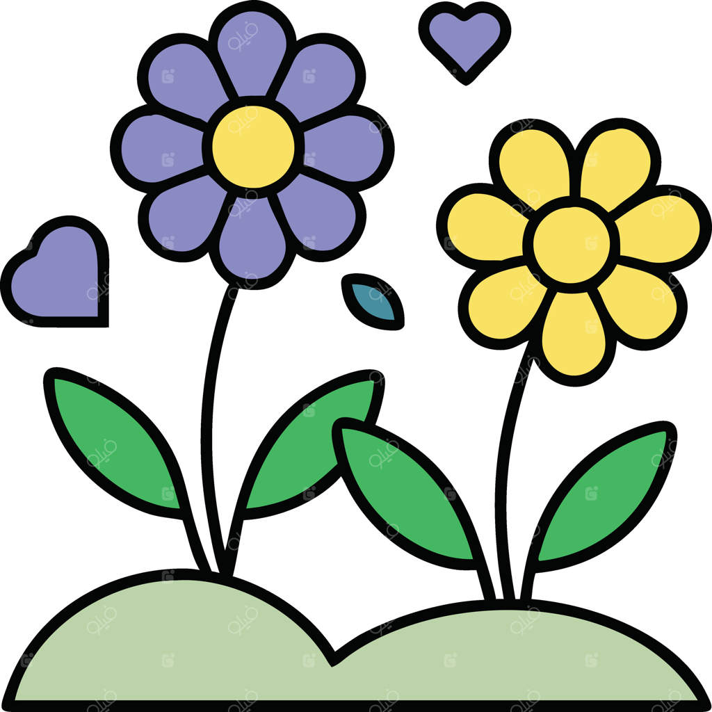 شکوفه‌های زیبای گل‌های بنفش و زرد با باغی از قلب‌ها