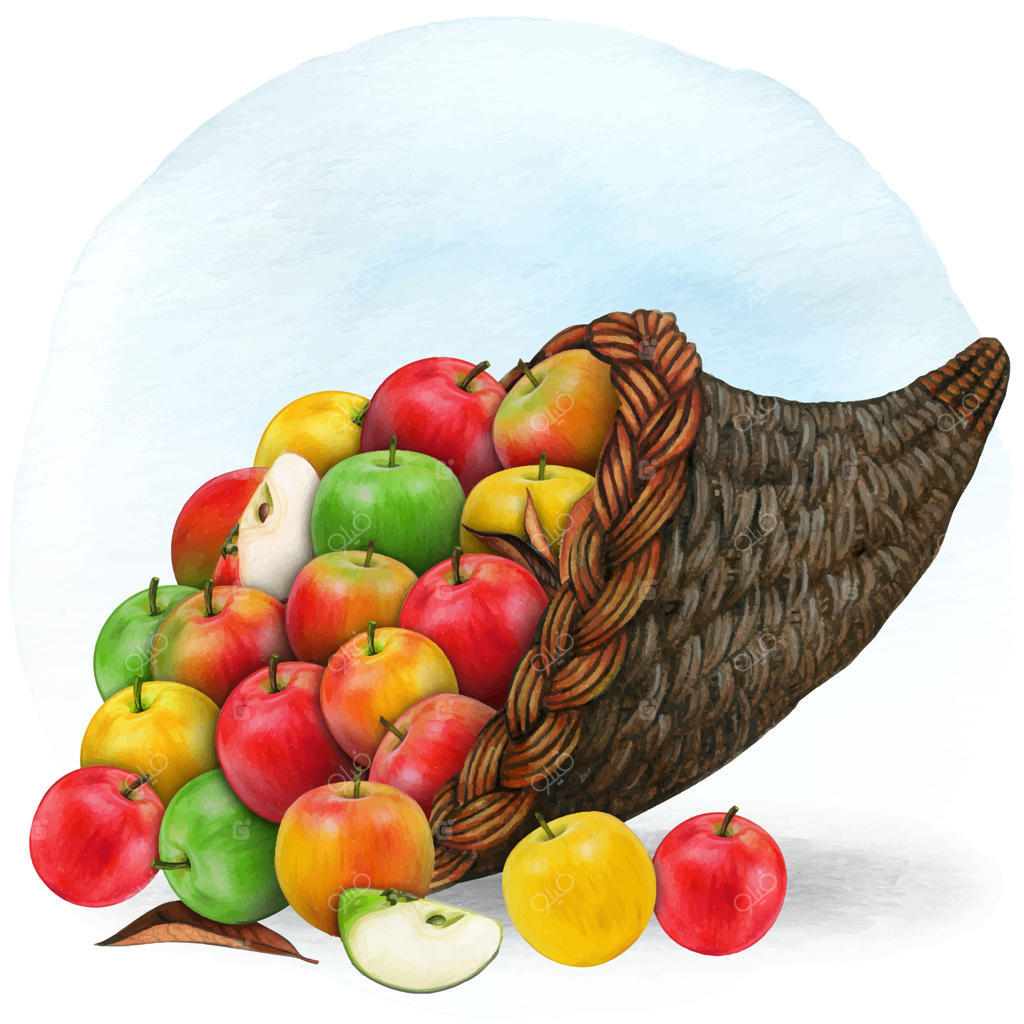 آبرنگی شاخ فراوانی پر از سیب‌ها