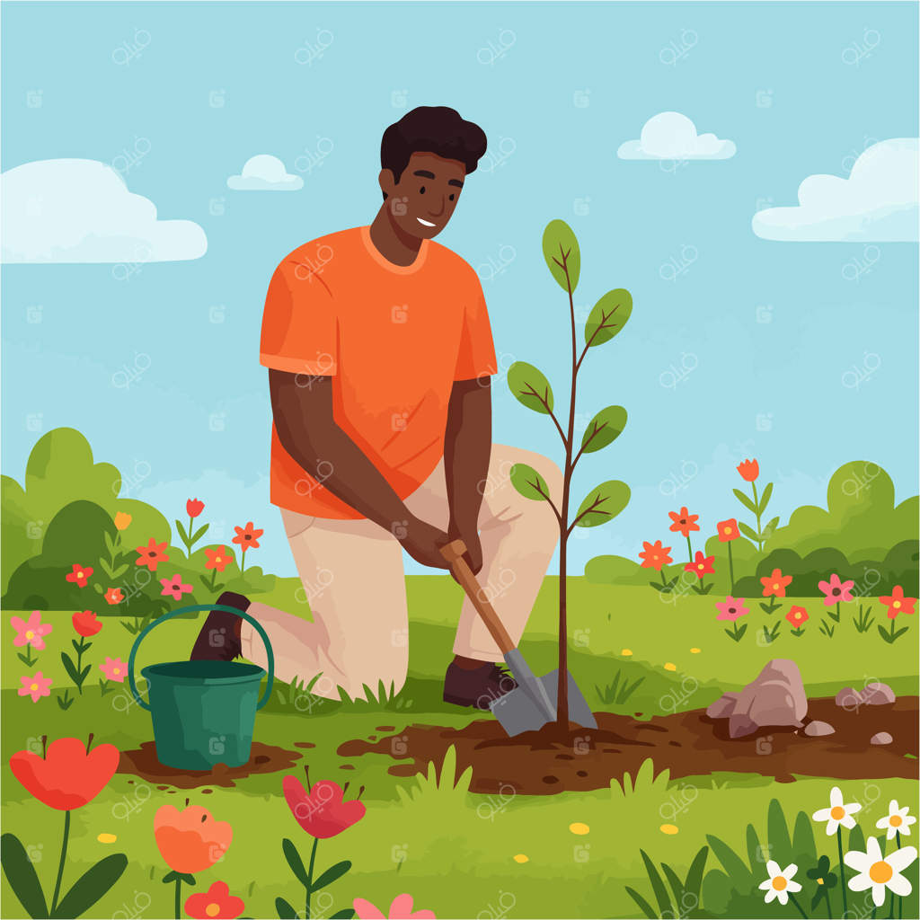 کاشت نهال توسط مردی در باغ با گل‌ها و آسمان آبی