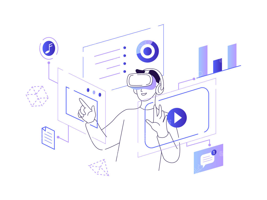 تصویرسازی وکتور با طرح دستی از مرد در حال بازی واقعیت مجازی برای تکنولوژی‌های پیشرفته