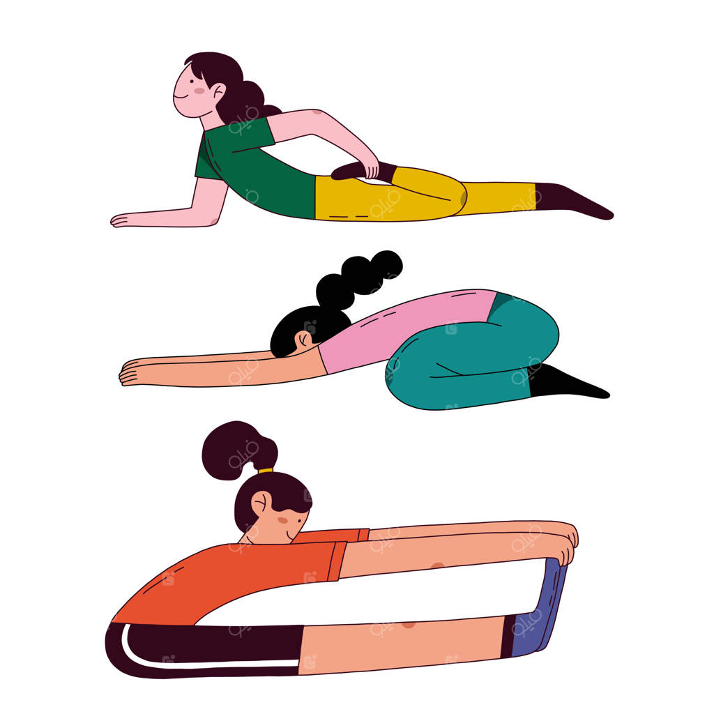 شخصیت‌های ورزشی در حال ورزش روی زمینه سفید: ست حرکات کششی، یوگا و ژیمناستیک