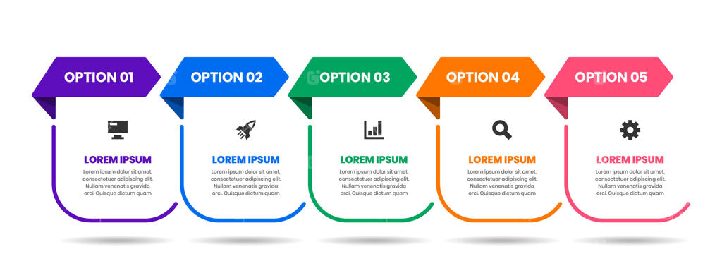 قالب‌های طراحی اینفوگرافیک با فلش و آیکون و ۵ گزینه. مناسب برای نمودارهای پردازش، ارائه‌ها، چیدمان جریان کار، بنر و اینفوگرافیک‌ها