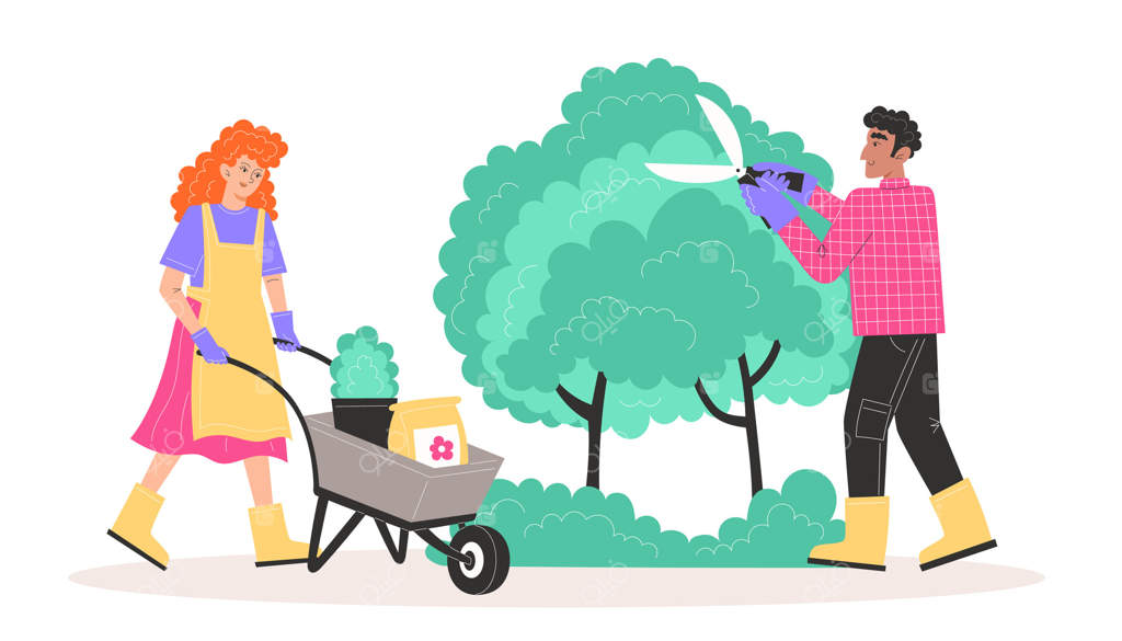 مراقبت مردم از باغ: مردی بوته‌ها را با قیچی باغبانی کوتاه می‌کند و زنی در حال حمل چرخ‌دستی با گیاهان گلدانی و کود است.