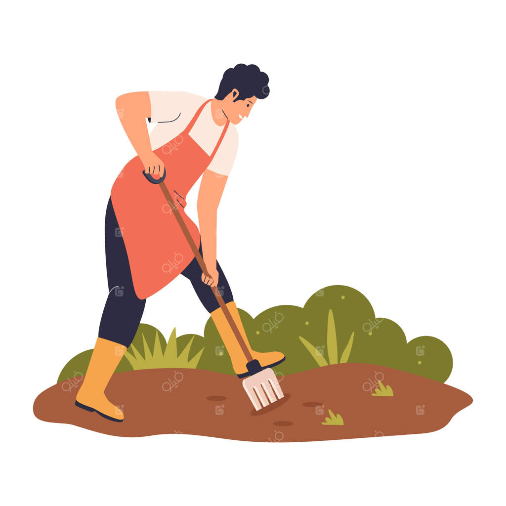 تصویری از کشاورز در حال کندن زمین در باغ