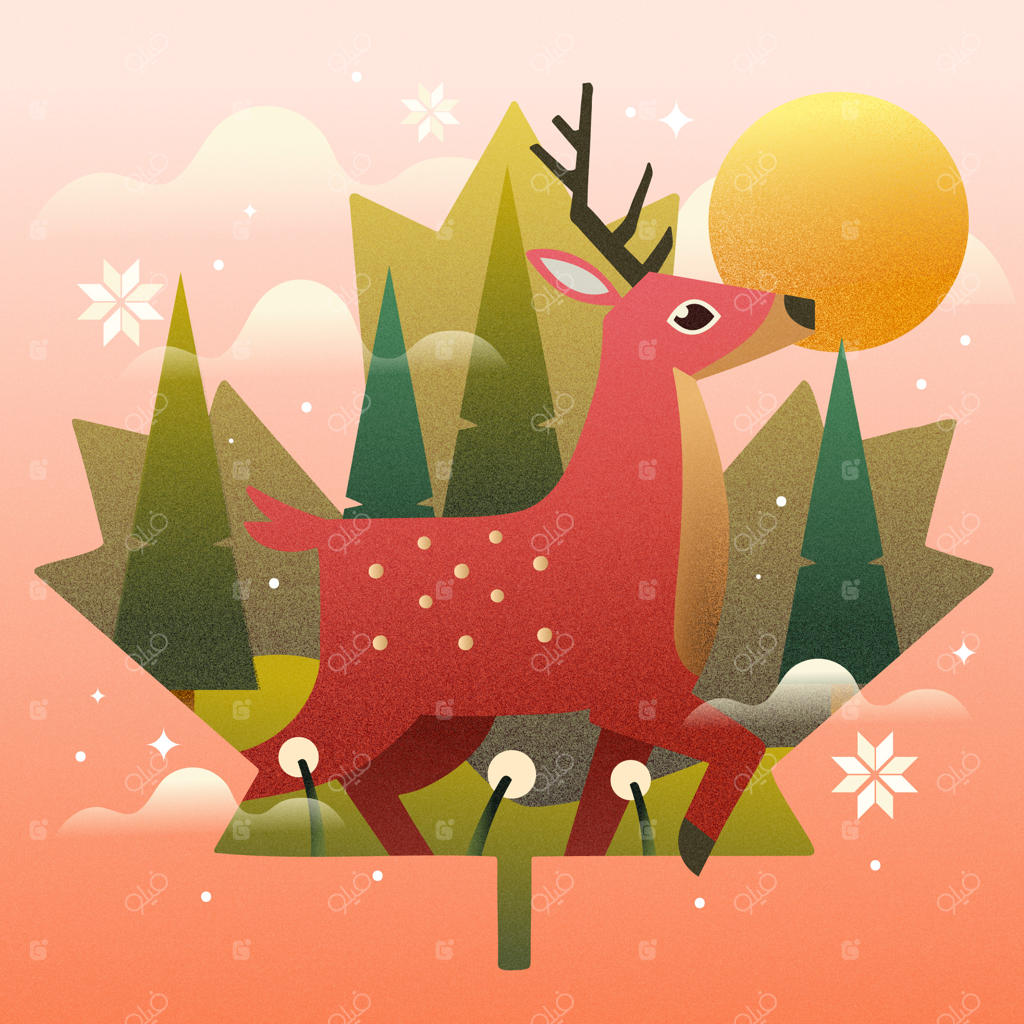 گوزن‌هایی که در جنگل افرا زیر آسمانی آفتابی می‌دوند