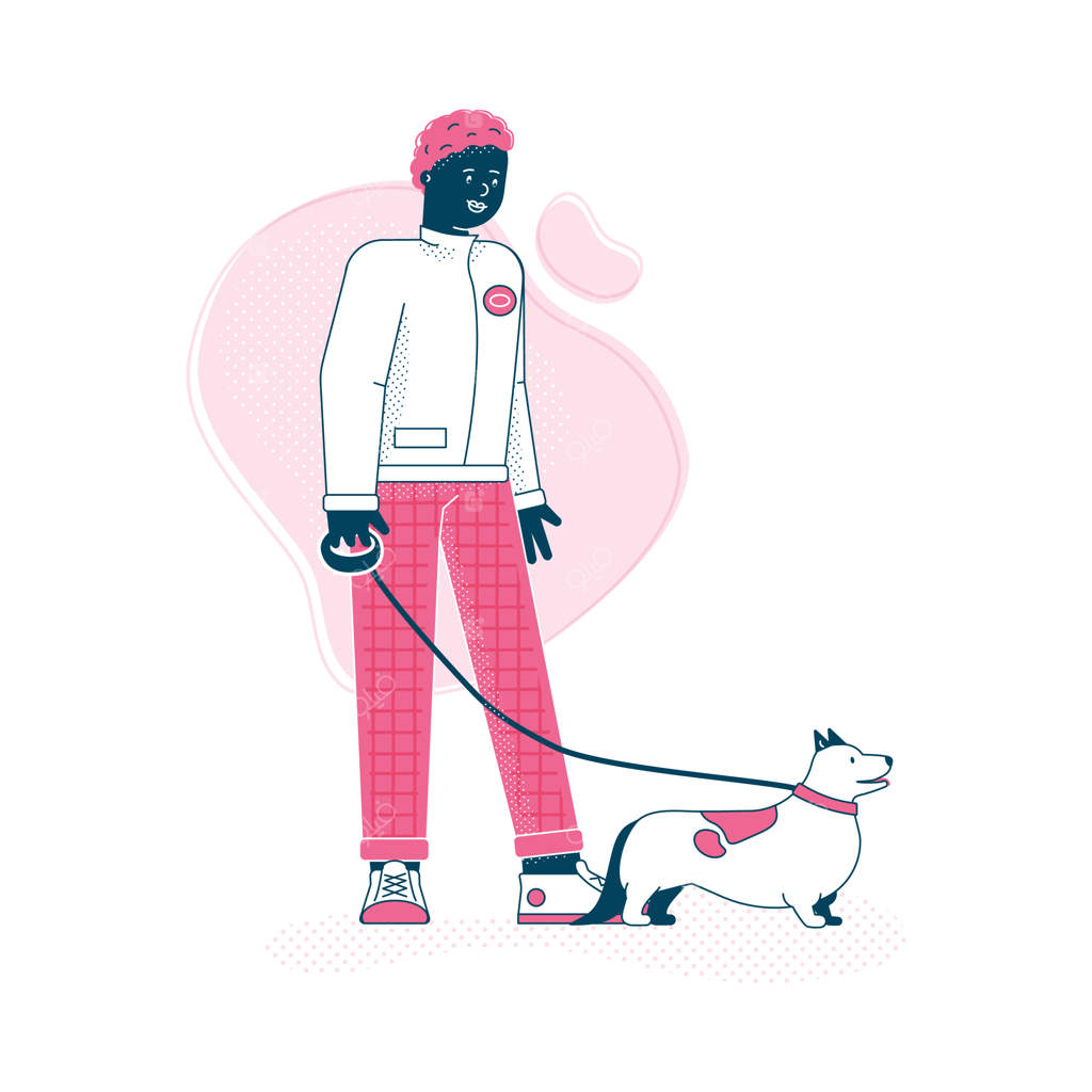 شخصیت کارتونی مرد با سگ در حال پیاده‌روی، صاحب مد روز و حیوان خانگی در کنار هم.
