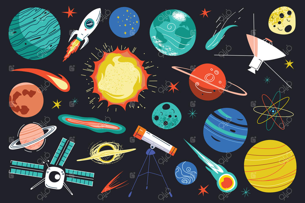 مجموعه‌ای از تصاویر سیارات رنگارنگ، موشک‌ها، ستاره‌ها، دنباله‌دارها، و تلسکوپ‌ها روی زمینه سیاه. مجموعه فضایی برای موضوعات نجوم، علم، و کاوش در فضاهای دوردست، مناسب برای کتاب‌های کودکان