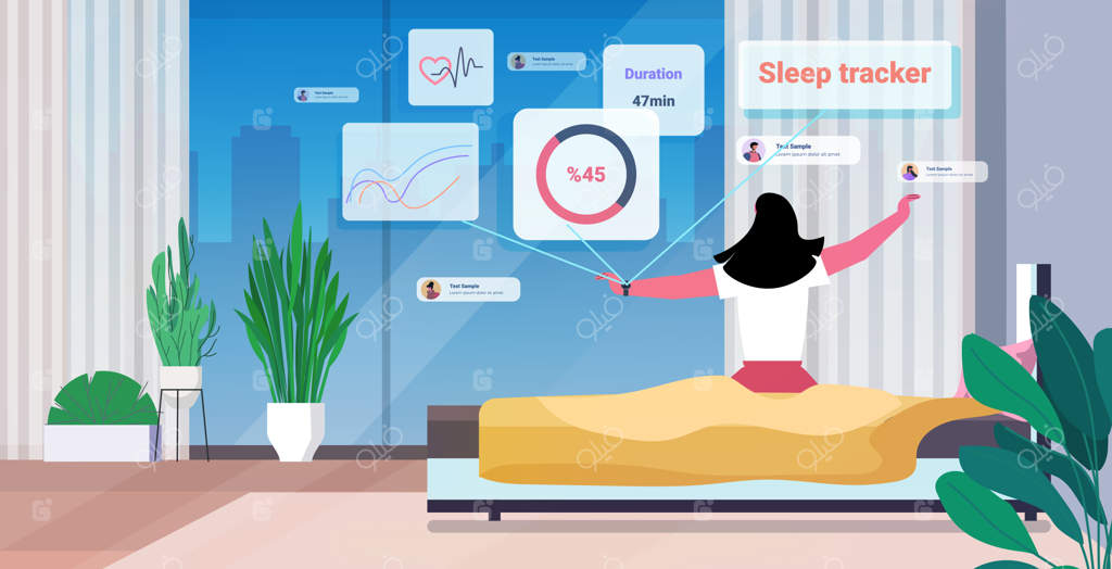 بیدار شدن زن با ساعت هوشمند الکترونیکی برای کنترل کیفیت و کمیت خواب