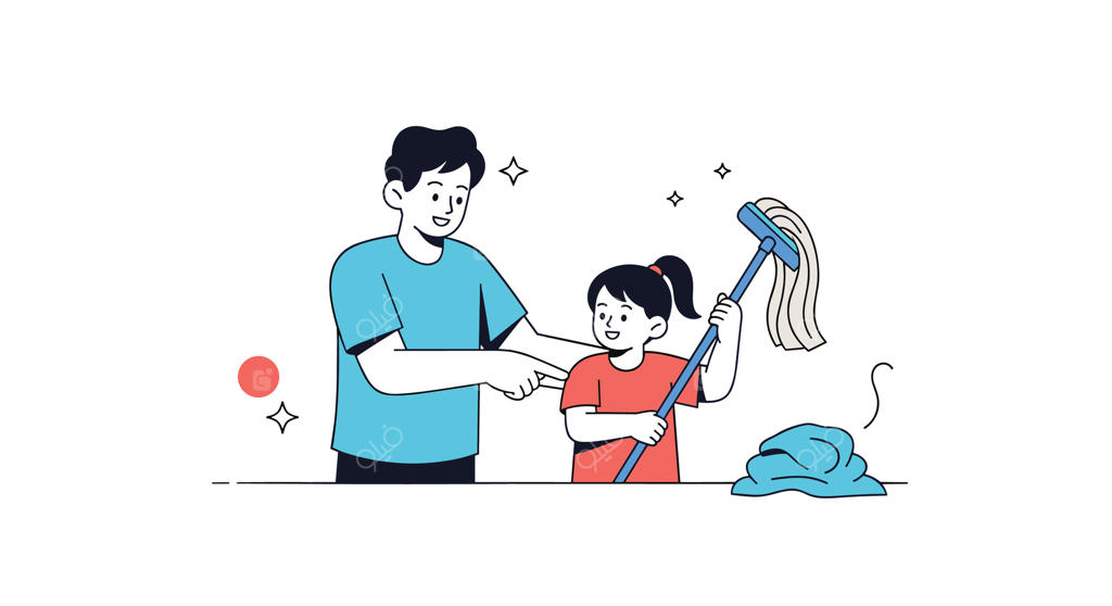 پدر در حال آموزش کارهای خانه و نظافت به دخترش