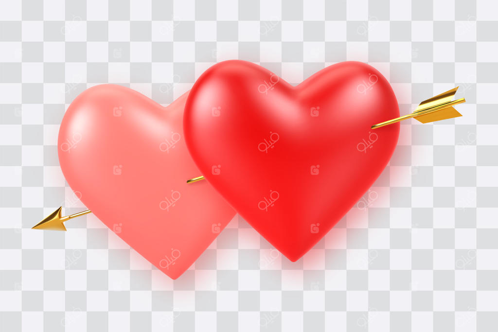 دو بادکنک قلبی شکل سه بعدی واقعی به رنگ قرمز و صورتی با تیر طلایی کوپیدو سوراخ شده بر روی زمینه شفاف