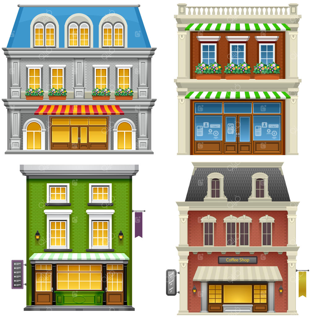 ساختمان‌ها: تصویرسازی با جزئیات بالا از ساختمان‌ها بر روی زمینه سفید.