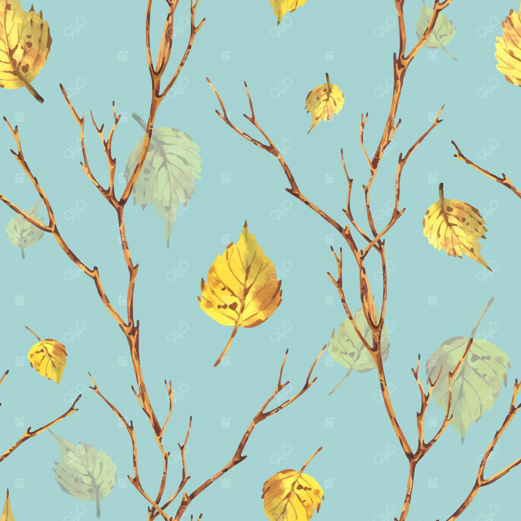 شاخه‌های پاییزی، درختان، قهوه‌ای با برگ‌های زرد در حال ریزش درخت توس، جنگل پاییزی، پارک، باغ. تصویرسازی دست‌کشیده با آبرنگ. پترن یکپارچه بر روی زمینه آبی.