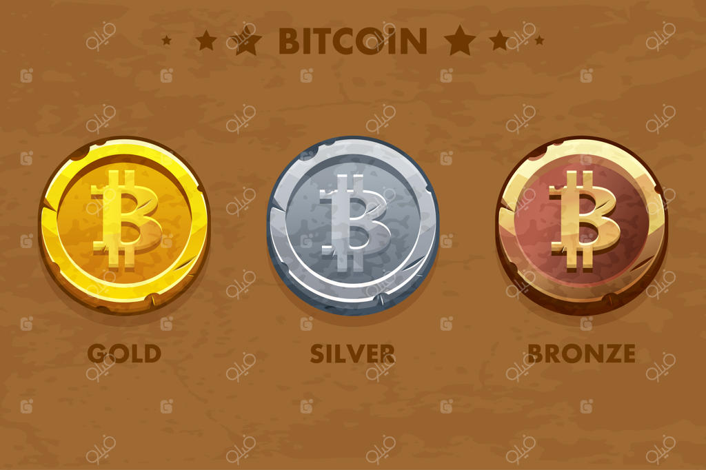 آیکون بیت‌کوین طلایی، نقره‌ای و برنزی مجزا. ارز دیجیتال یا ارز مجازی. سکه و پول الکترونیکی