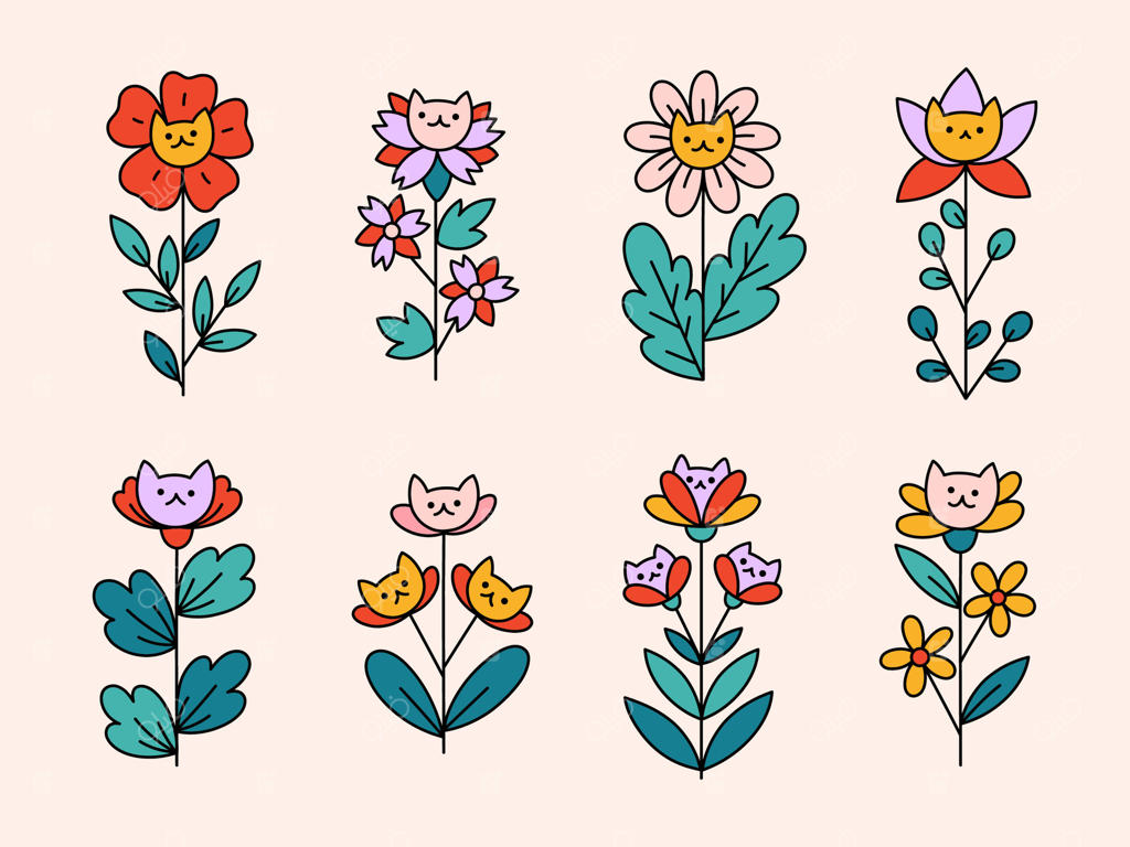 مجموعه گل‌های باغ و مزرعه با گربه‌های بامزه؛ گیاهان فانتزی طراحی شده به سبک دودل برای تزئینات گل. مجموعه‌ای از طرح‌های ساده گیاهان بوتانیک.