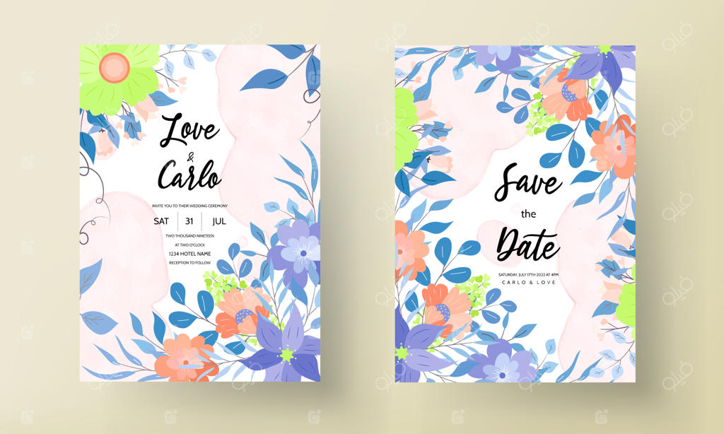 طراحی کارت دعوت عروسی با گل‌های زیبا و تخت