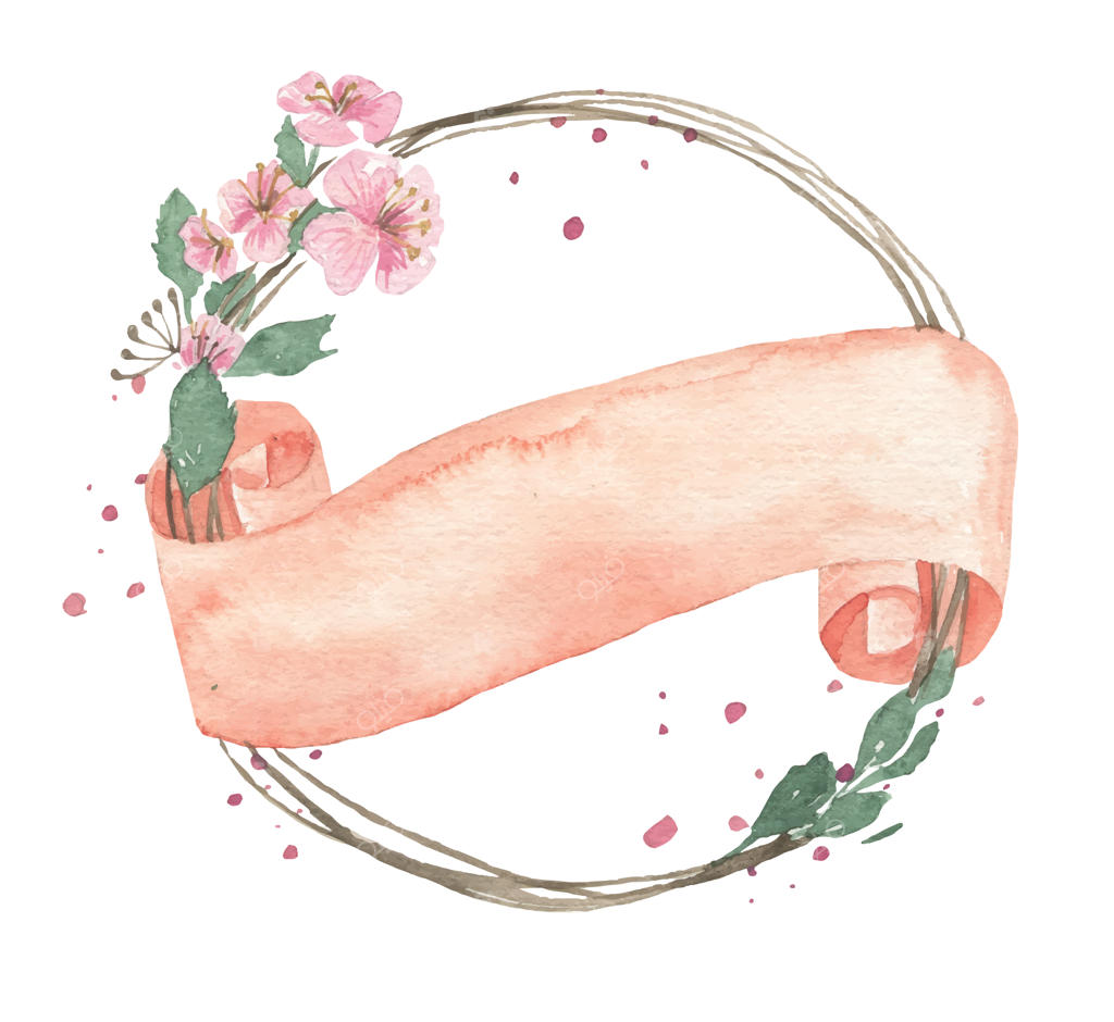 تصویر آبرنگی از یک قاب گرد ساخته شده از شاخه‌های پیچک با گل‌ها و روبان صورتی برای نوشته‌ها