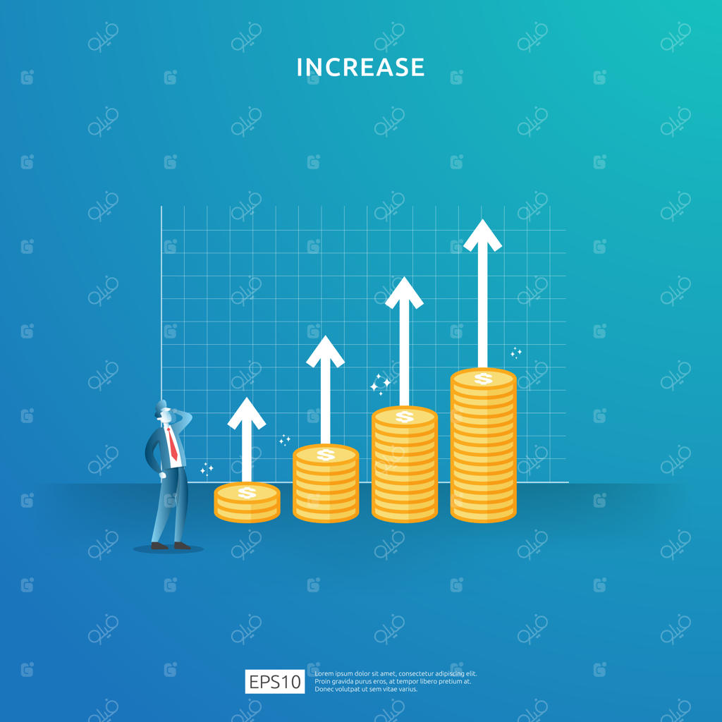 تصویرسازی مفهوم افزایش نرخ درآمد با شخصیت افراد و فلش. عملکرد مالی و بازده سرمایه‌گذاری. رشد سود کسب‌وکار، افزایش فروش و حاشیه درآمد به همراه نماد دلار.