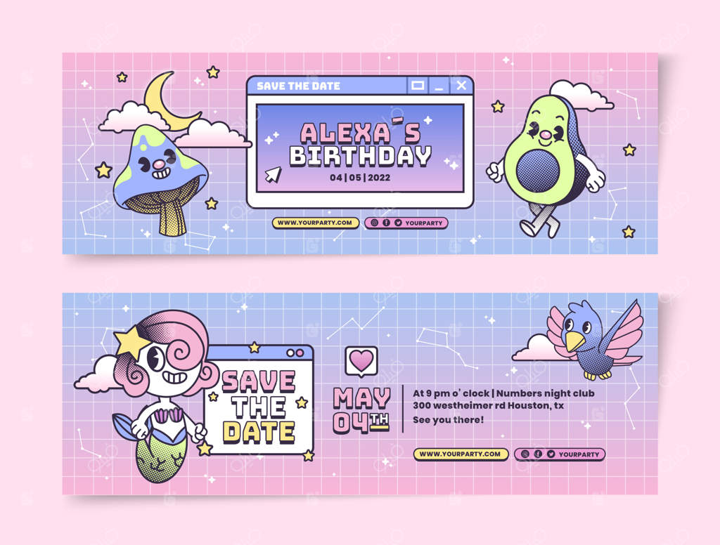 بنرهای افقی کارتونی مهمانی دهه ۹۰ با طراحی دستی