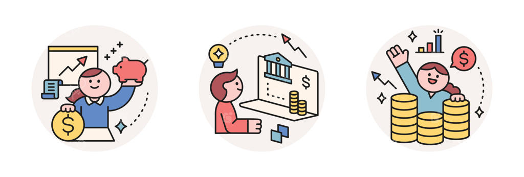 امور مالی و مردم، حساب‌های رشد اقتصادی خانوار، مدیریت طرح‌های سرمایه‌گذاری. قلک، نمودار، داده‌ها، روی هم چیده شده. تصویرسازی وکتور.