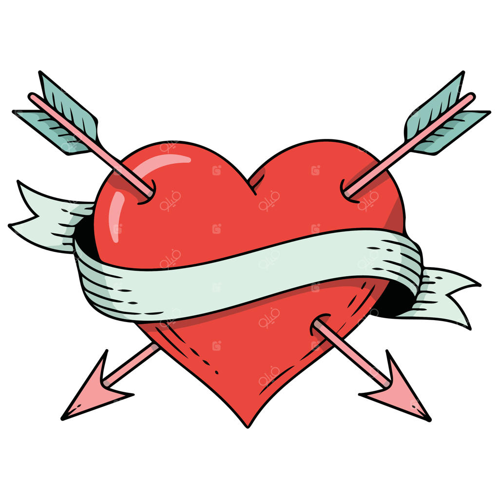 طرح بنر قلب و پیکان به سبک تاتو - تصویرسازی جداگانه روی پس‌زمینه سفید