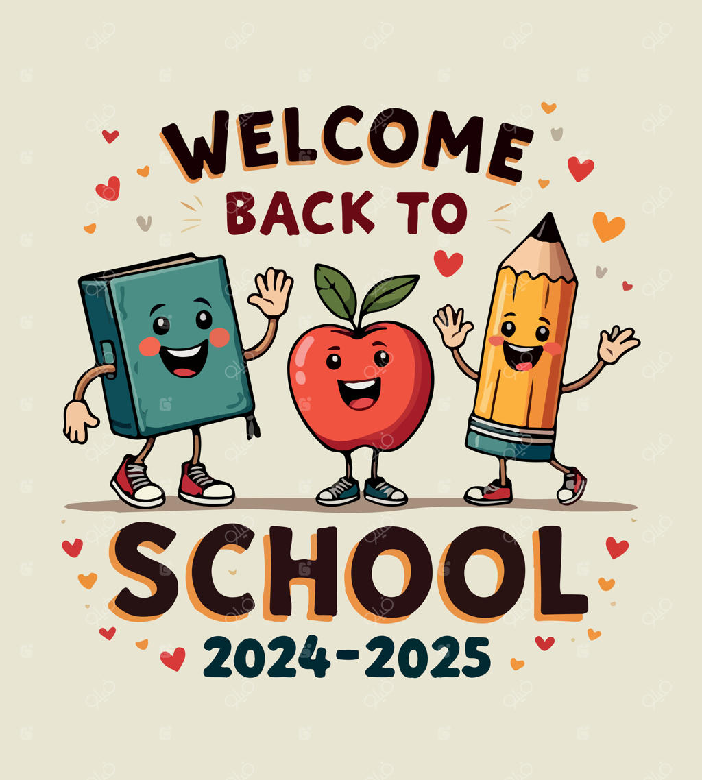 طرح تیشرت با تصویر کارتونی لوازم مدرسه و نوشته به مدرسه خوش آمدید