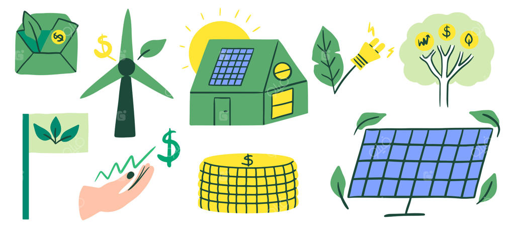 کولاژ مدرن انرژی سبز و سرمایه‌گذاری: توربین بادی، پنل خورشیدی، خانه و پول. عناصر منابع دوستدار محیط زیست برای تبلیغات وب، پوسترها و محتوای شبکه‌های اجتماعی.
