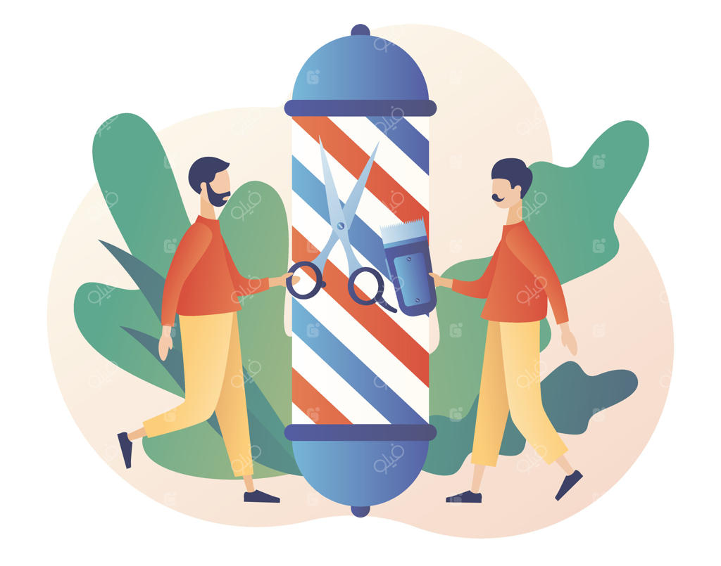 تابلوی آرایشگاه: سالن مردانه. آرایشگران و مردان کوچک مشغول اصلاح مو و ریش. خدمات کوتاه کردن مو، پیرایش ریش و اصلاح صورت. طرح مدرن فلت برداری.