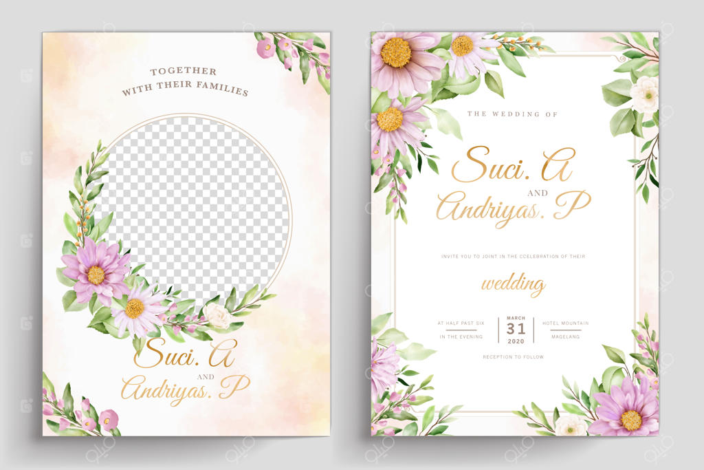 کارت دعوت عروسی طرح داوودی با نقاشی آبرنگی