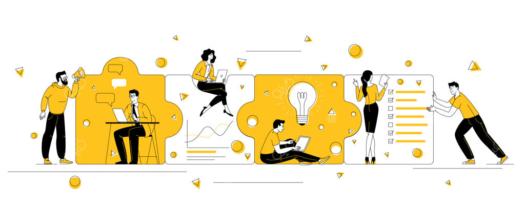 اتصال قطعات پازل توسط افراد؛ طرح وکتور تخت (فلت) با مفهوم تیم تجاری، مشارکت و همکاری.