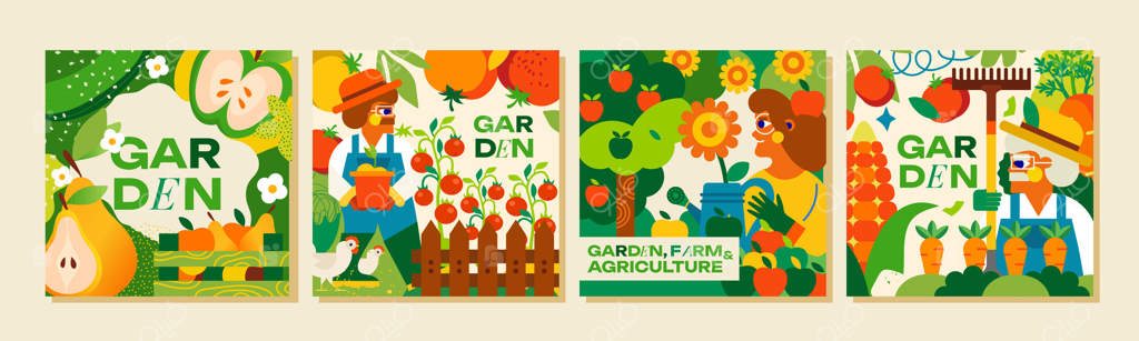 4 قالب: باغ، مزرعه و کشاورزی. طراحی مدرن برای باغبانان، باغچه‌ها، برداشت پربار، سبزیجات، میوه‌ها و مرغ‌ها. تصویرسازی برای تبلیغات، پوستر، پس‌زمینه یا کارت‌پستال