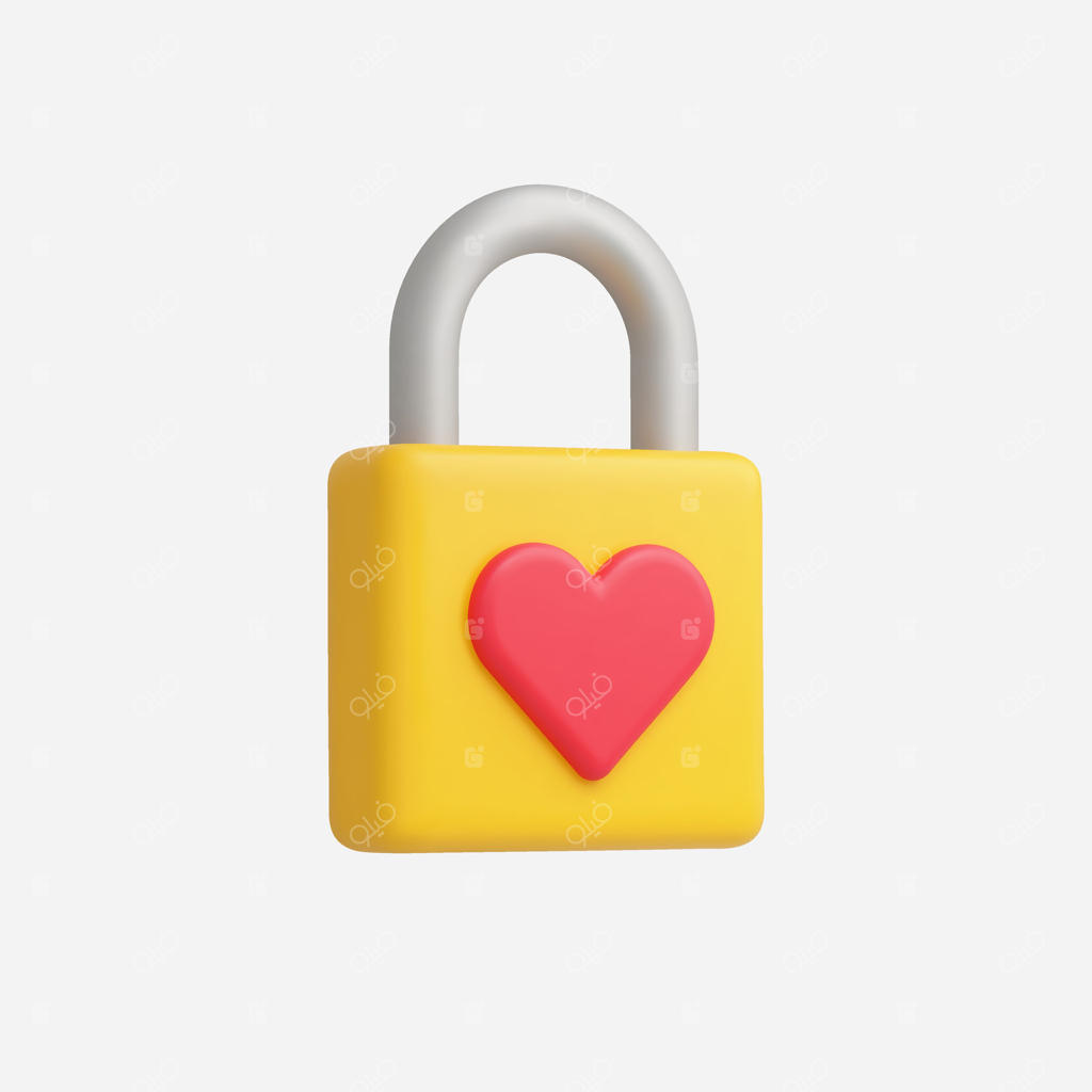 قفل زرد رنگارنگ با طراحی قلب قرمز.
