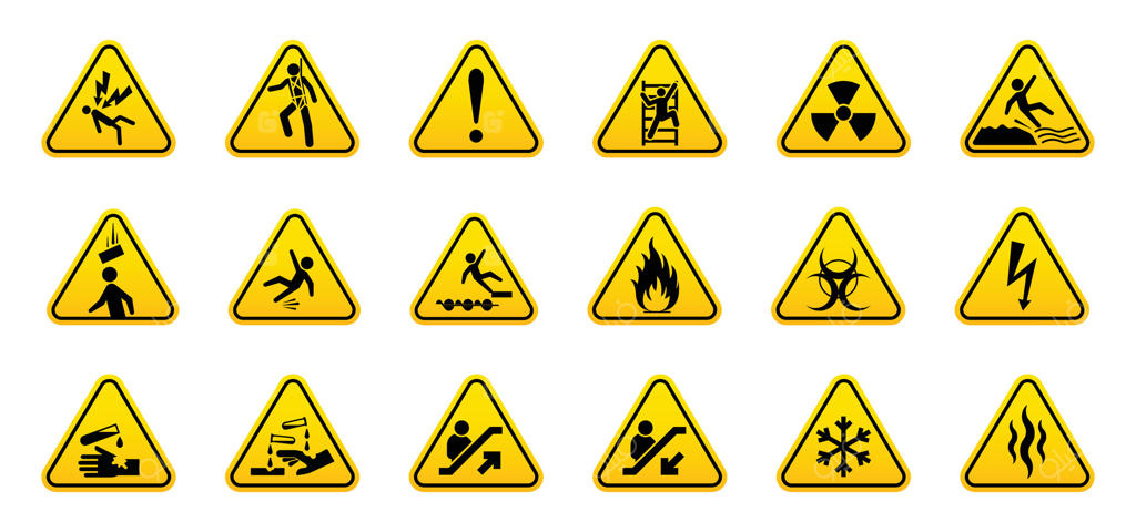 مجموعه‌ای از تابلوهای هشدار مثلثی زرد برای انواع اخطارها