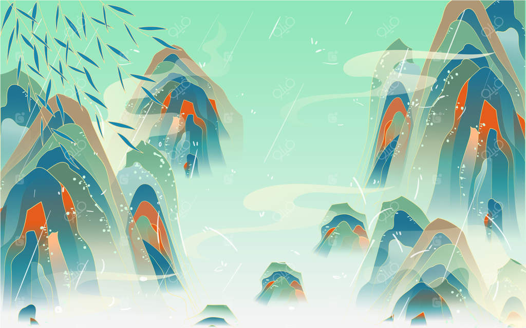 نقاشی باران در زمان "باران غلات" - آسمان بارانی، طبیعت کشور، جزر و مد، جشنواره چینی چینگمینگ، چشم‌انداز طبیعی