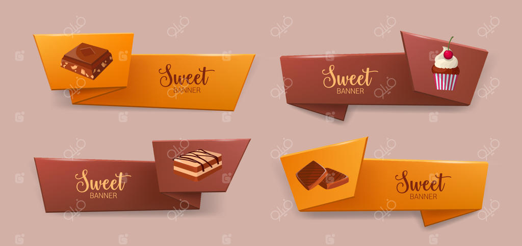 مجموعه‌ای از روبان‌های شیک با دسرهای لذیذ - کوکی، شکلات، کیک فنجانی. عناصر تزیینی رنگارنگ. تصویرسازی برای تبلیغات نانوایی یا قنادی.