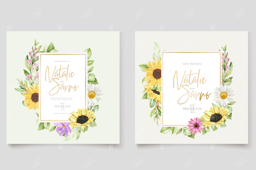 مجموعه کارت دعوت با طرح دستی گل آفتابگردان و گل مینا