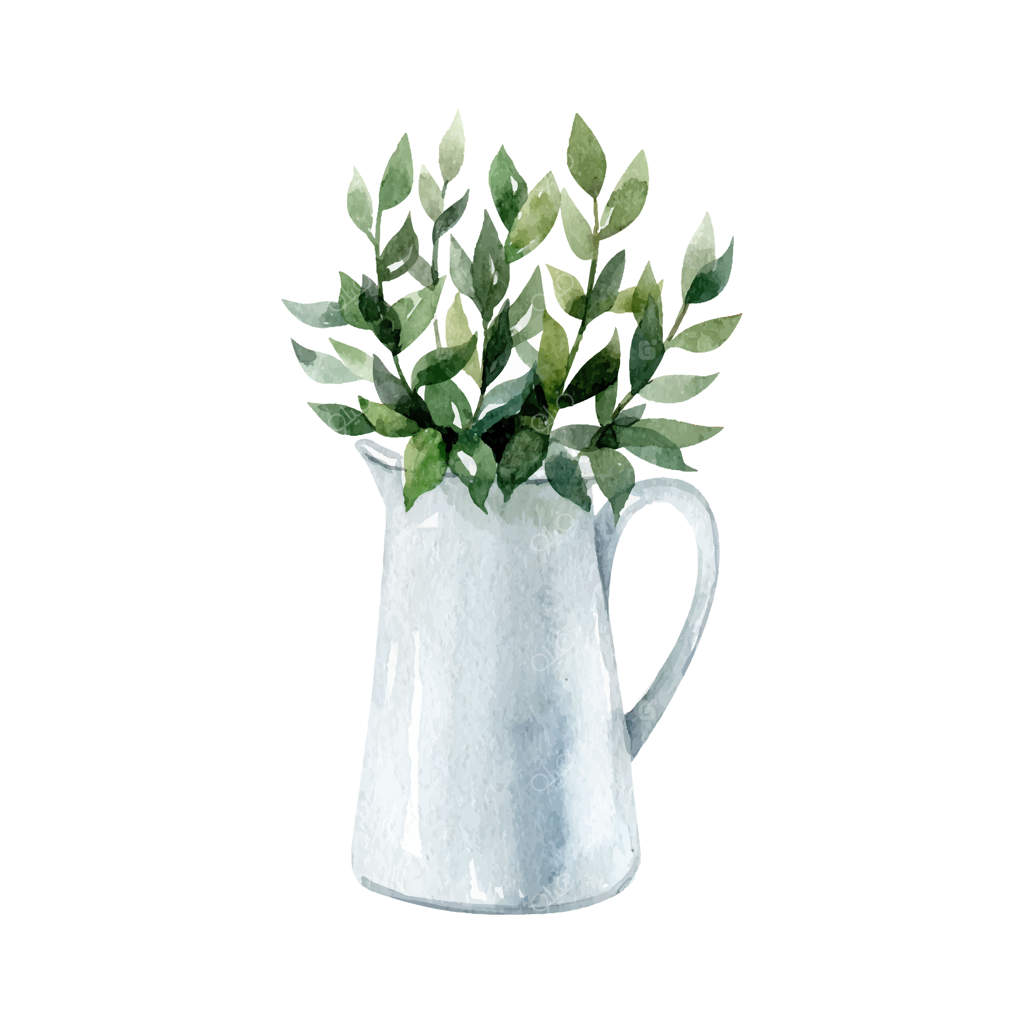 گیاه در گلدان سرامیکی - نقاشی آبرنگ برداری جدا شده روی زمینه سفید - گلدان سفید با گل