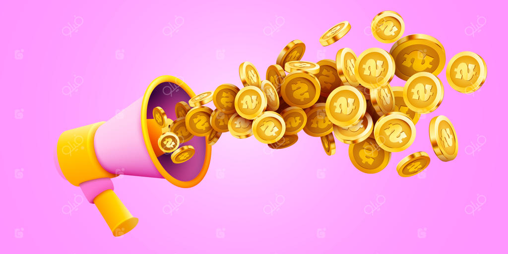 مفهوم اعلامیه کسب‌وکار با بلندگو و سکه‌های طلا - تصویر برداری