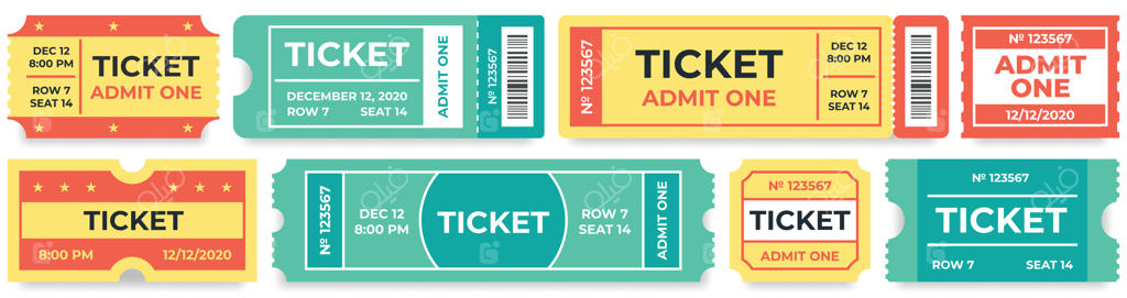 بلیط ورودی یک نفره: کوپن‌های ورودی سیرک، بلیط‌های سینمای کلاسیک و مجموعه‌ای از کوپن‌های ورودی فیلم.