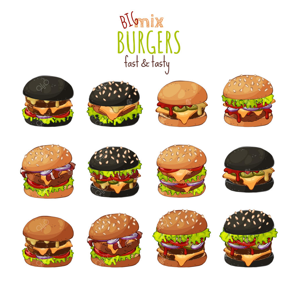 مجموعه بزرگی از انواع مختلف برگرها.