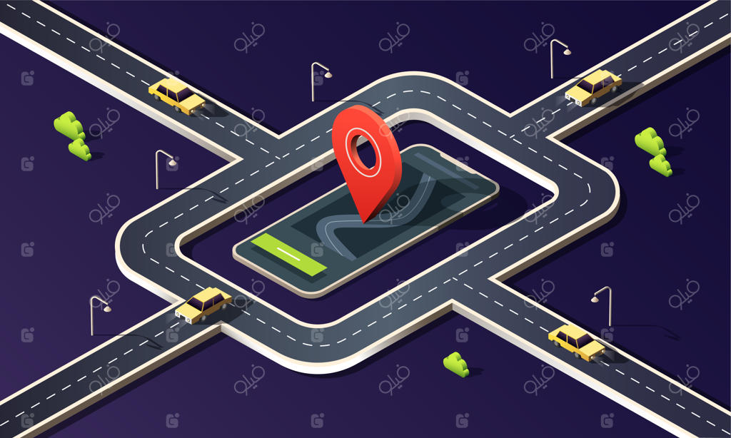 تلفن ایزومتریک با نقشه، جاده، ماشین‌های زرد و علامت قرمز مکان روی زمینه تاریک.