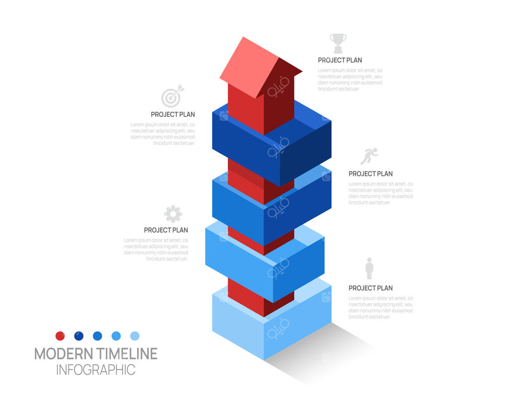 اینفوگرافیک نماد فلش ایزومتریک: الگوی خط زمان کسب و کار در ۵ مرحله تا موفقیت.