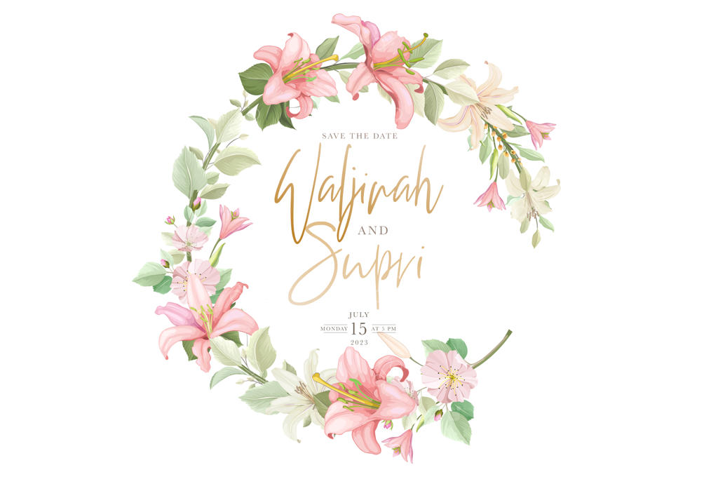 طراحی تاج گل و پس‌زمینه با طرح گل‌های زنبق