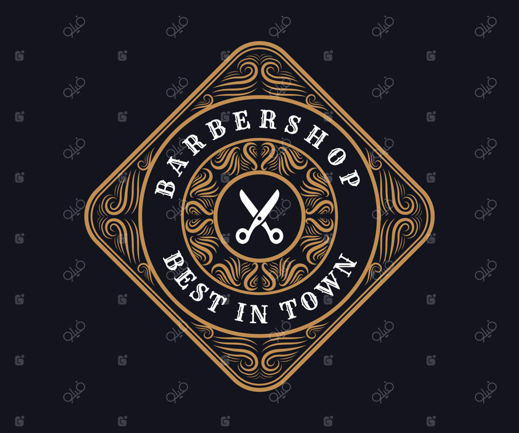 لوگوی شیک و آنتیک ویکتوریایی با قاب تزئینی برای آرایشگاه مردانه و سالن زیبایی
