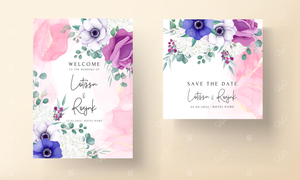 قالب کارت دعوت عروسی با طراحی گل‌های زیبای رز و شقایق