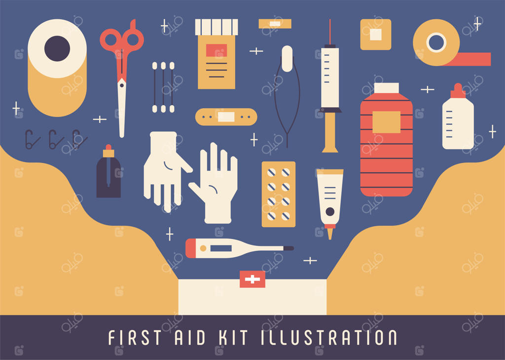 لوازم پزشکی مختلف در جعبه کمک‌های اولیه.