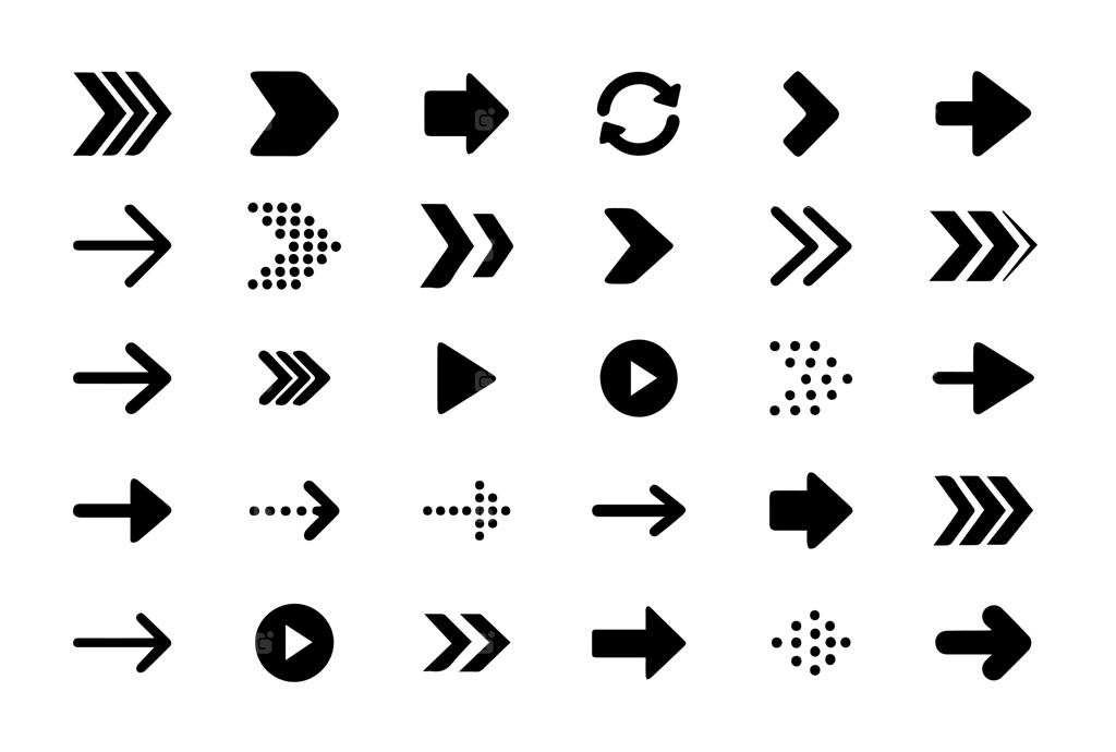 مجموعه آیکون‌های مدرن فلش مشکی با طرح‌های متنوع شامل پیکان‌های جناغی، نقطه‌ای، خطوط ضخیم و دایره‌ای برای استفاده در پروژه‌های وب، چاپ و رابط کاربری (UI)