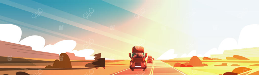 بنر افقی با کامیون بزرگ در حال حرکت در جاده روستایی هنگام غروب آفتاب